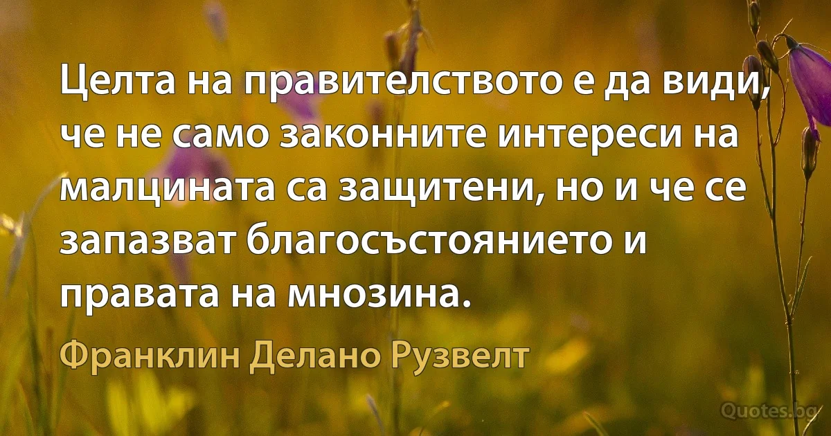 Целта на правителството е да види, че не само законните интереси на малцината са защитени, но и че се запазват благосъстоянието и правата на мнозина. (Франклин Делано Рузвелт)