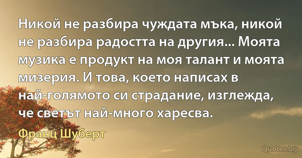 Никой не разбира чуждата мъка, никой не разбира радостта на другия... Моята музика е продукт на моя талант и моята мизерия. И това, което написах в най-голямото си страдание, изглежда, че светът най-много харесва. (Франц Шуберт)