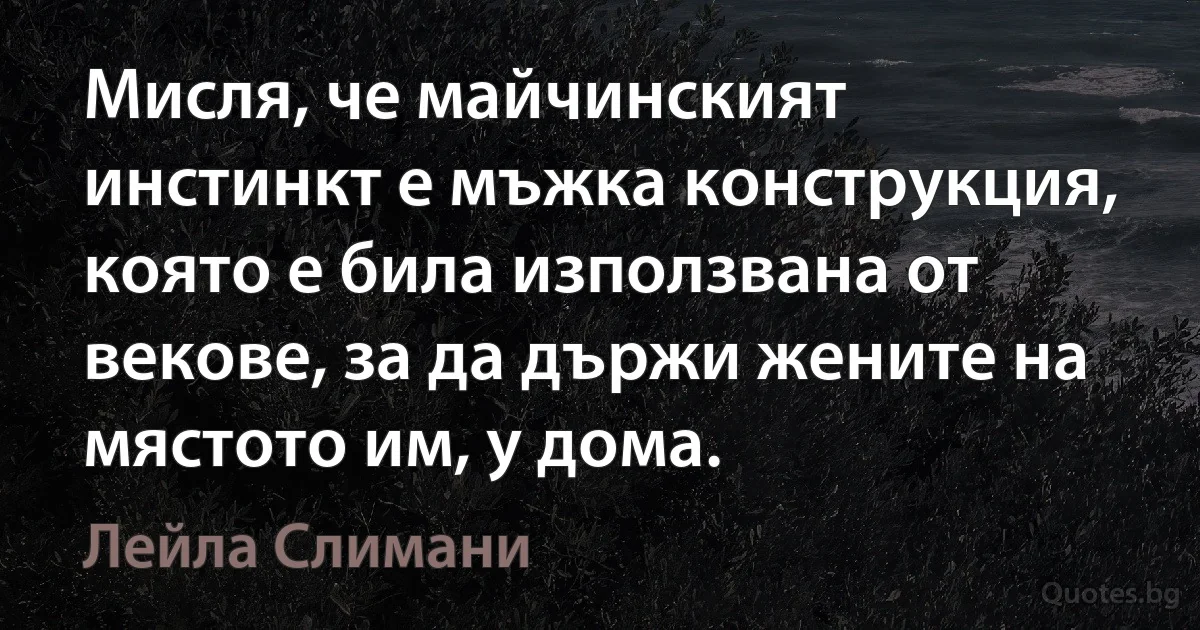 Мисля, че майчинският инстинкт е мъжка конструкция, която е била използвана от векове, за да държи жените на мястото им, у дома. (Лейла Слимани)