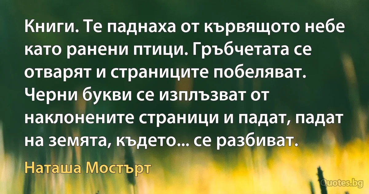 Книги. Те паднаха от кървящото небе като ранени птици. Гръбчетата се отварят и страниците побеляват. Черни букви се изплъзват от наклонените страници и падат, падат на земята, където... се разбиват. (Наташа Мостърт)