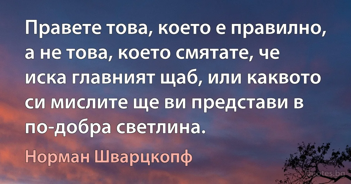 Правете това, което е правилно, а не това, което смятате, че иска главният щаб, или каквото си мислите ще ви представи в по-добра светлина. (Норман Шварцкопф)