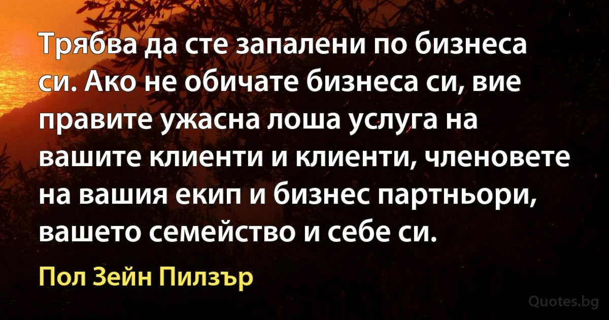 Трябва да сте запалени по бизнеса си. Ако не обичате бизнеса си, вие правите ужасна лоша услуга на вашите клиенти и клиенти, членовете на вашия екип и бизнес партньори, вашето семейство и себе си. (Пол Зейн Пилзър)