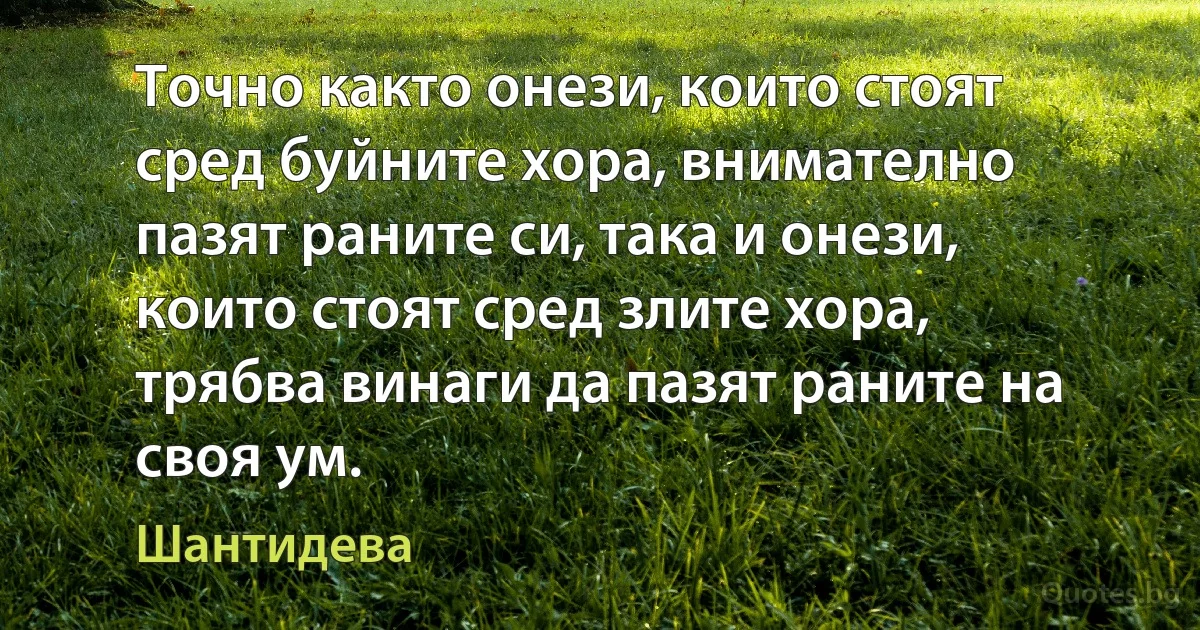 Точно както онези, които стоят сред буйните хора, внимателно пазят раните си, така и онези, които стоят сред злите хора, трябва винаги да пазят раните на своя ум. (Шантидева)