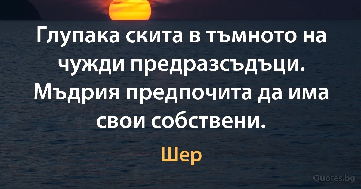 Глупака скита в тъмното на чужди предразсъдъци. Мъдрия предпочита да има свои собствени. (Шер)