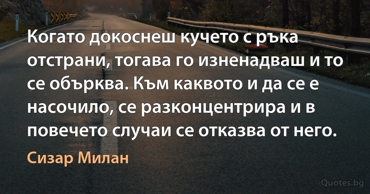 Когато докоснеш кучето с ръка отстрани, тогава го изненадваш и то се обърква. Към каквото и да се е насочило, се разконцентрира и в повечето случаи се отказва от него. (Сизар Милан)