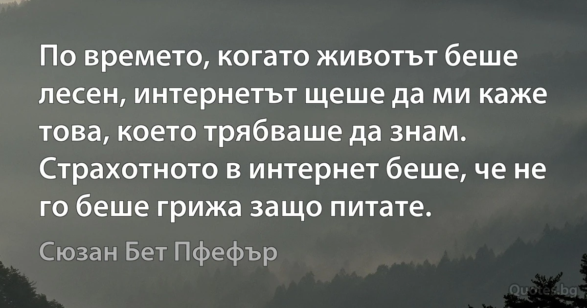 По времето, когато животът беше лесен, интернетът щеше да ми каже това, което трябваше да знам. Страхотното в интернет беше, че не го беше грижа защо питате. (Сюзан Бет Пфефър)