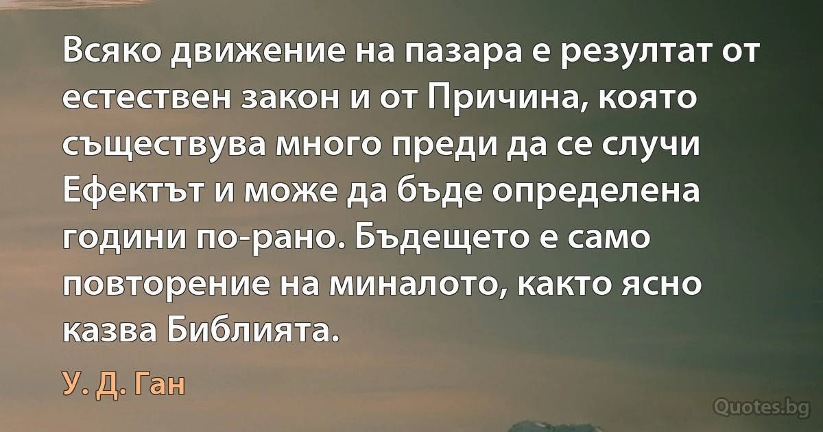 Всяко движение на пазара е резултат от естествен закон и от Причина, която съществува много преди да се случи Ефектът и може да бъде определена години по-рано. Бъдещето е само повторение на миналото, както ясно казва Библията. (У. Д. Ган)