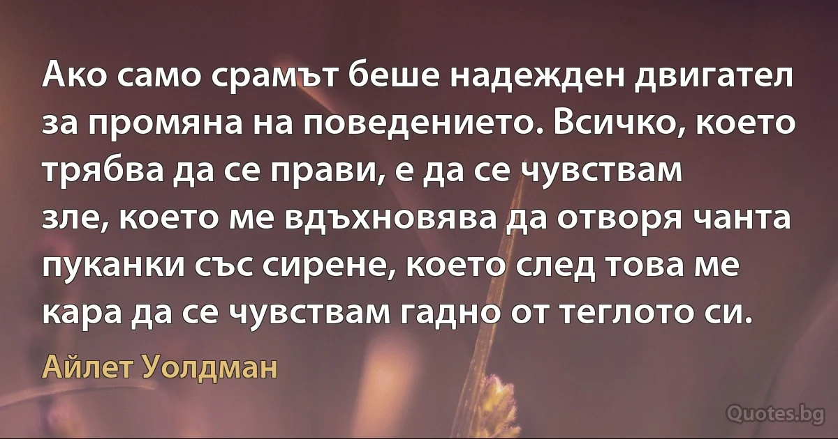 Ако само срамът беше надежден двигател за промяна на поведението. Всичко, което трябва да се прави, е да се чувствам зле, което ме вдъхновява да отворя чанта пуканки със сирене, което след това ме кара да се чувствам гадно от теглото си. (Айлет Уолдман)