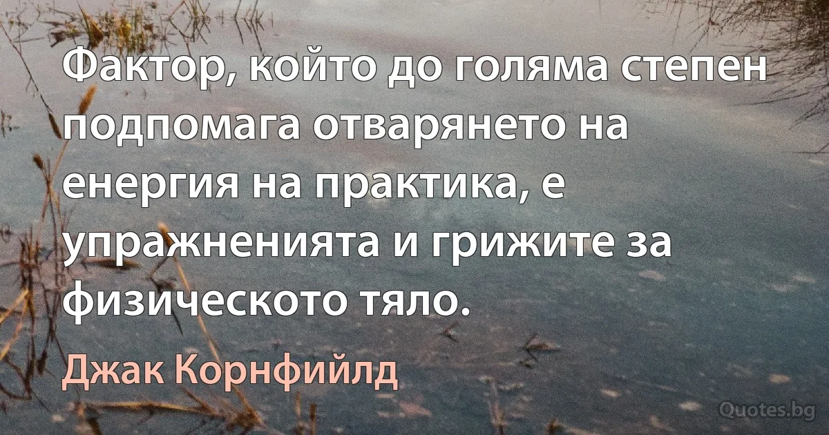 Фактор, който до голяма степен подпомага отварянето на енергия на практика, е упражненията и грижите за физическото тяло. (Джак Корнфийлд)