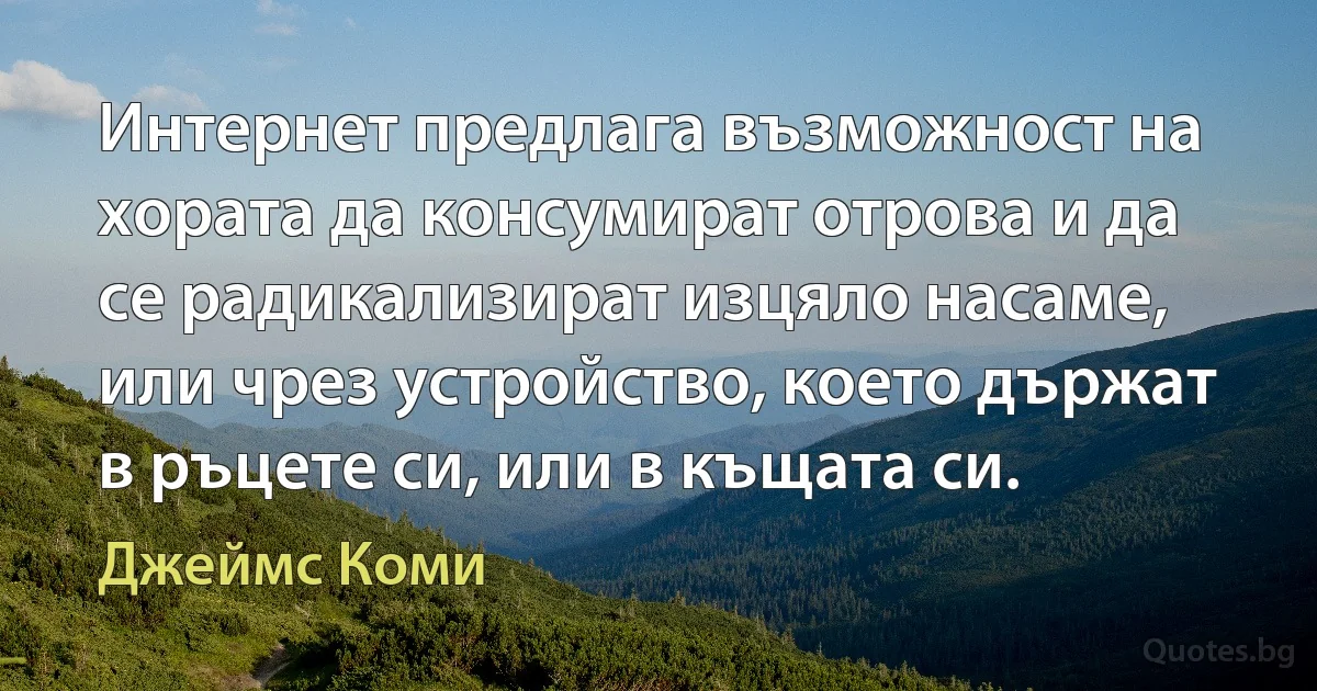 Интернет предлага възможност на хората да консумират отрова и да се радикализират изцяло насаме, или чрез устройство, което държат в ръцете си, или в къщата си. (Джеймс Коми)