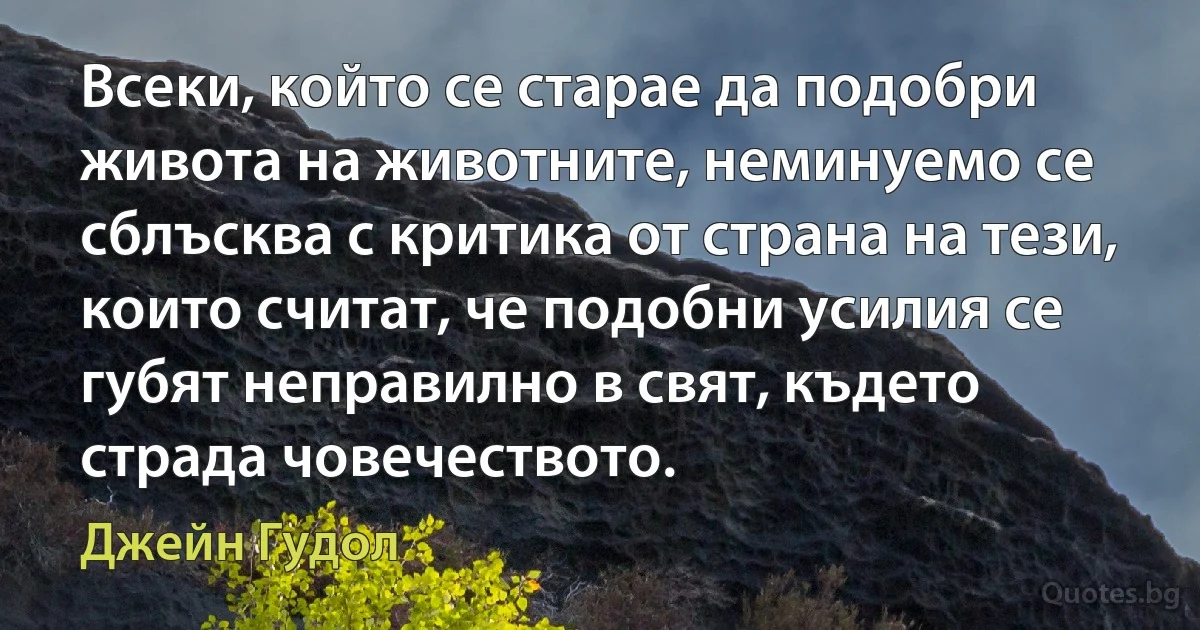 Всеки, който се старае да подобри живота на животните, неминуемо се сблъсква с критика от страна на тези, които считат, че подобни усилия се губят неправилно в свят, където страда човечеството. (Джейн Гудол)