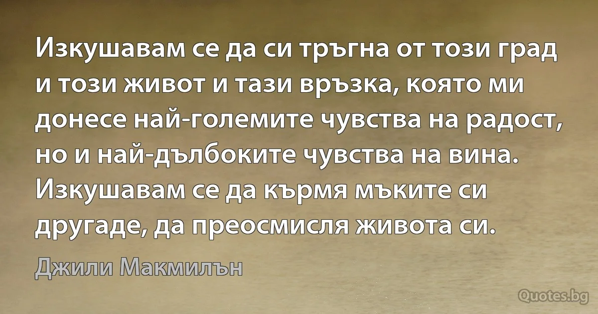 Изкушавам се да си тръгна от този град и този живот и тази връзка, която ми донесе най-големите чувства на радост, но и най-дълбоките чувства на вина. Изкушавам се да кърмя мъките си другаде, да преосмисля живота си. (Джили Макмилън)