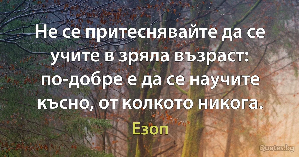 Не се притеснявайте да се учите в зряла възраст: по-добре е да се научите късно, от колкото никога. (Езоп)