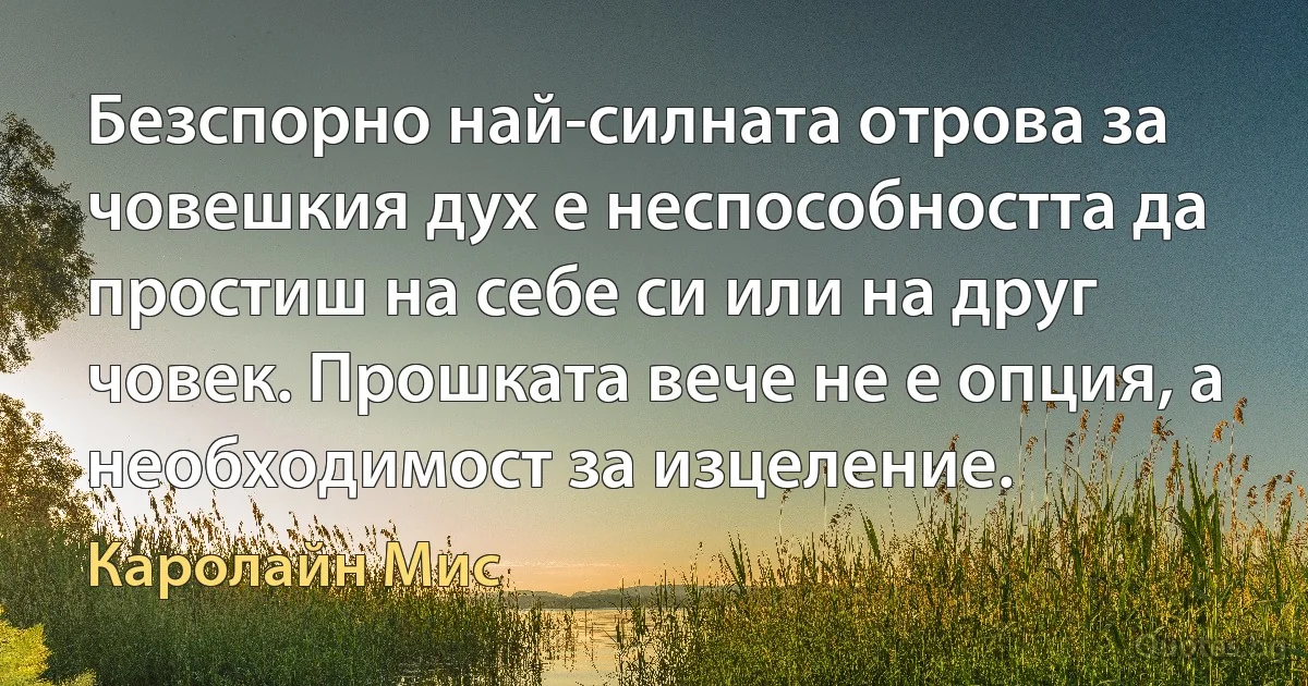 Безспорно най-силната отрова за човешкия дух е неспособността да простиш на себе си или на друг човек. Прошката вече не е опция, а необходимост за изцеление. (Каролайн Мис)