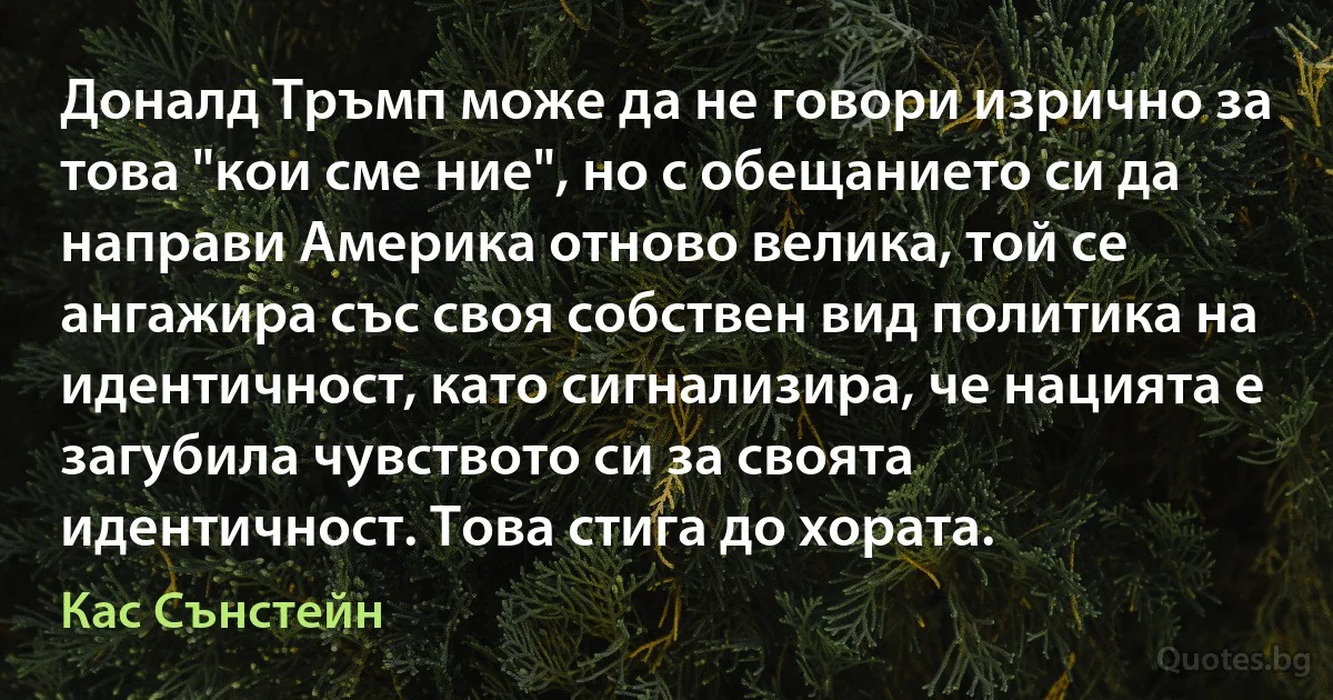 Доналд Тръмп може да не говори изрично за това "кои сме ние", но с обещанието си да направи Америка отново велика, той се ангажира със своя собствен вид политика на идентичност, като сигнализира, че нацията е загубила чувството си за своята идентичност. Това стига до хората. (Кас Сънстейн)