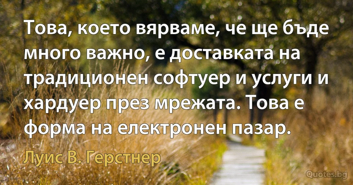 Това, което вярваме, че ще бъде много важно, е доставката на традиционен софтуер и услуги и хардуер през мрежата. Това е форма на електронен пазар. (Луис В. Герстнер)