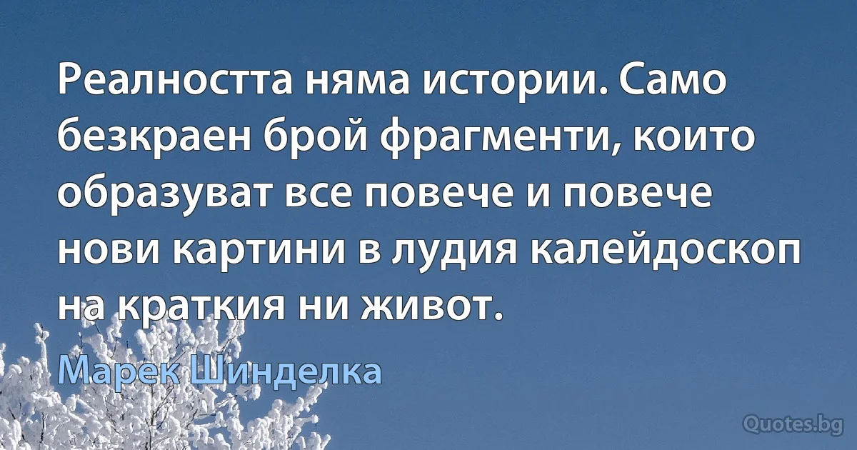 Реалността няма истории. Само безкраен брой фрагменти, които образуват все повече и повече нови картини в лудия калейдоскоп на краткия ни живот. (Марек Шинделка)