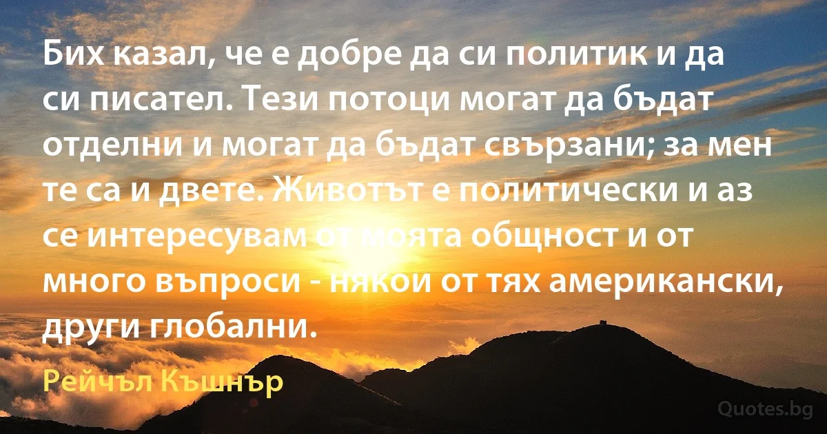 Бих казал, че е добре да си политик и да си писател. Тези потоци могат да бъдат отделни и могат да бъдат свързани; за мен те са и двете. Животът е политически и аз се интересувам от моята общност и от много въпроси - някои от тях американски, други глобални. (Рейчъл Къшнър)