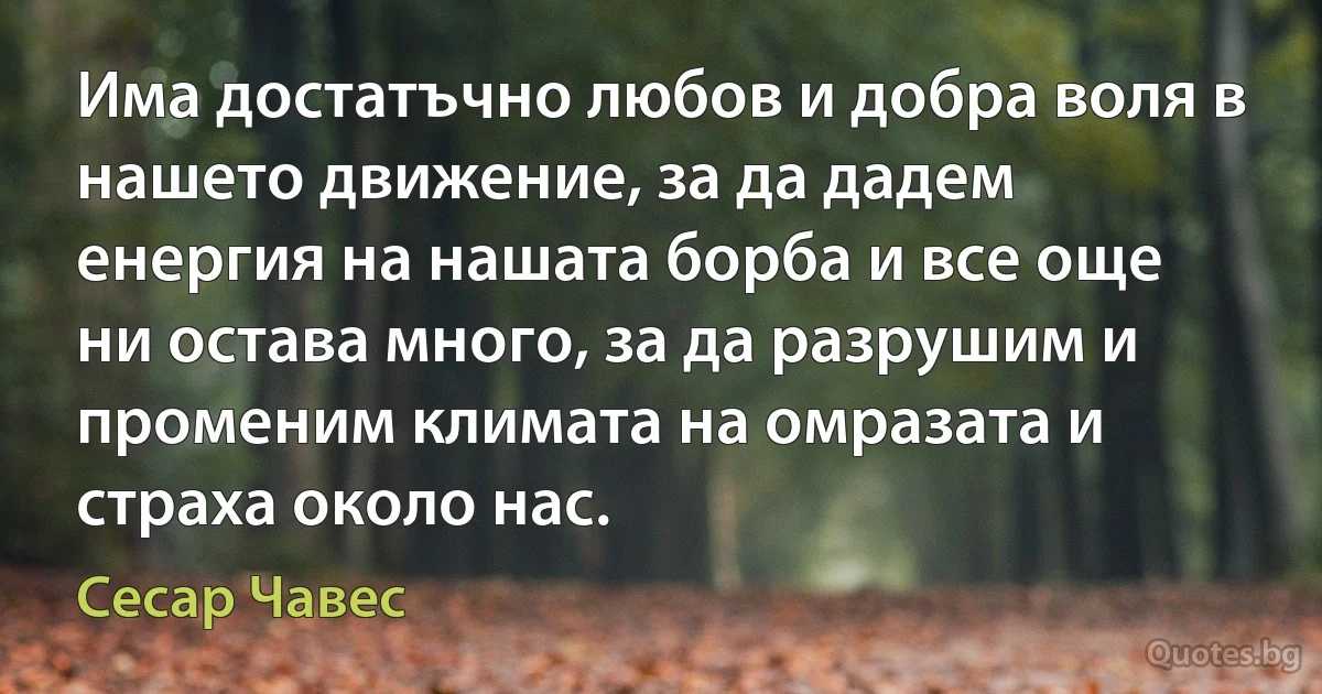 Има достатъчно любов и добра воля в нашето движение, за да дадем енергия на нашата борба и все още ни остава много, за да разрушим и променим климата на омразата и страха около нас. (Сесар Чавес)