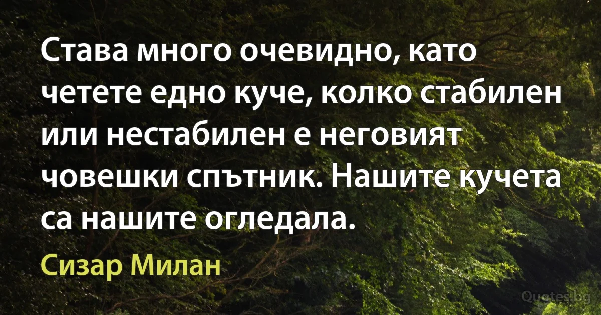 Става много очевидно, като четете едно куче, колко стабилен или нестабилен е неговият човешки спътник. Нашите кучета са нашите огледала. (Сизар Милан)