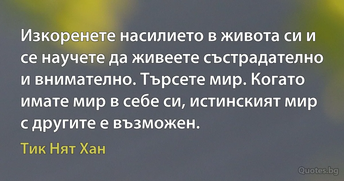 Изкоренете насилието в живота си и се научете да живеете състрадателно и внимателно. Търсете мир. Когато имате мир в себе си, истинският мир с другите е възможен. (Тик Нят Хан)