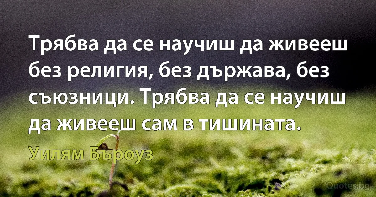 Трябва да се научиш да живееш без религия, без държава, без съюзници. Трябва да се научиш да живееш сам в тишината. (Уилям Бъроуз)