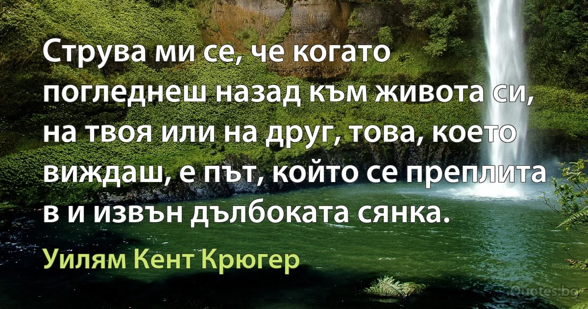 Струва ми се, че когато погледнеш назад към живота си, на твоя или на друг, това, което виждаш, е път, който се преплита в и извън дълбоката сянка. (Уилям Кент Крюгер)