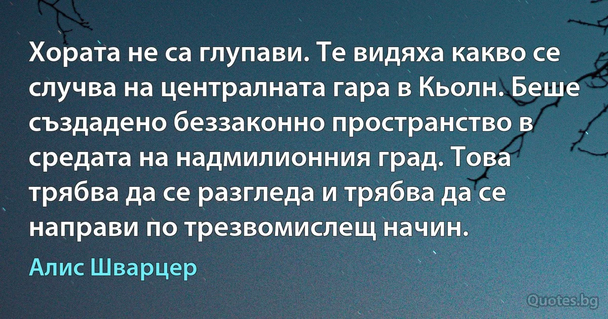 Хората не са глупави. Те видяха какво се случва на централната гара в Кьолн. Беше създадено беззаконно пространство в средата на надмилионния град. Това трябва да се разгледа и трябва да се направи по трезвомислещ начин. (Алис Шварцер)