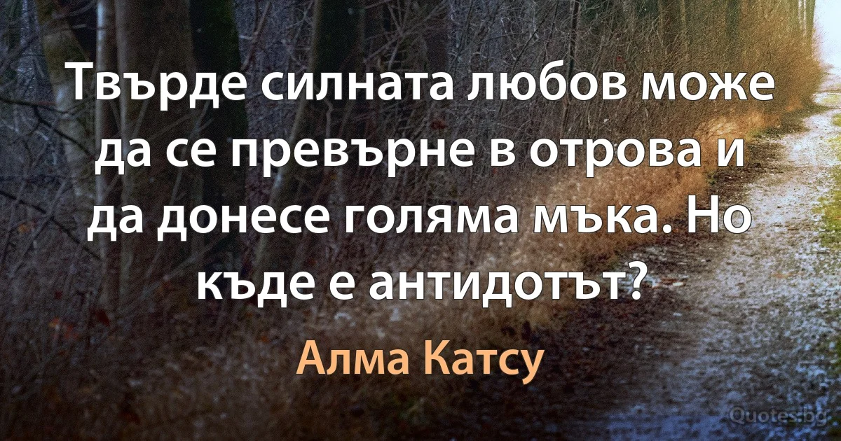 Твърде силната любов може да се превърне в отрова и да донесе голяма мъка. Но къде е антидотът? (Алма Катсу)