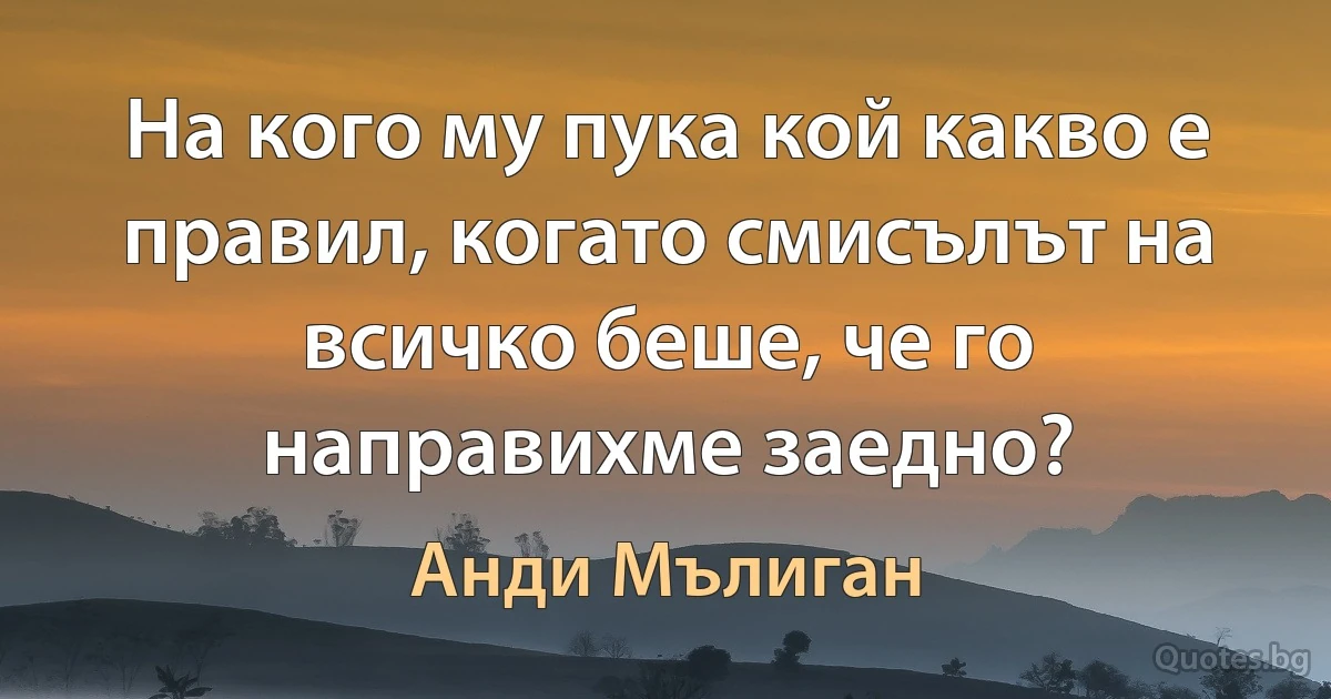 На кого му пука кой какво е правил, когато смисълът на всичко беше, че го направихме заедно? (Анди Мълиган)