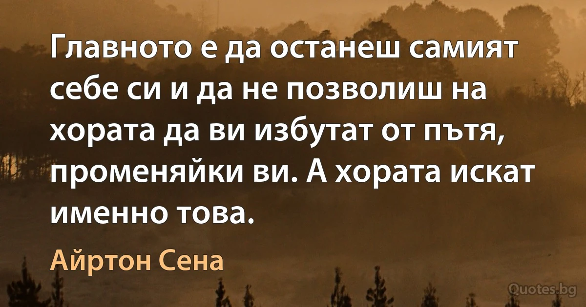 Главното е да останеш самият себе си и да не позволиш на хората да ви избутат от пътя, променяйки ви. А хората искат именно това. (Айртон Сена)