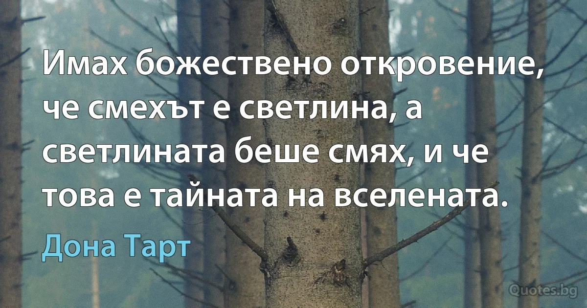 Имах божествено откровение, че смехът е светлина, а светлината беше смях, и че това е тайната на вселената. (Дона Тарт)