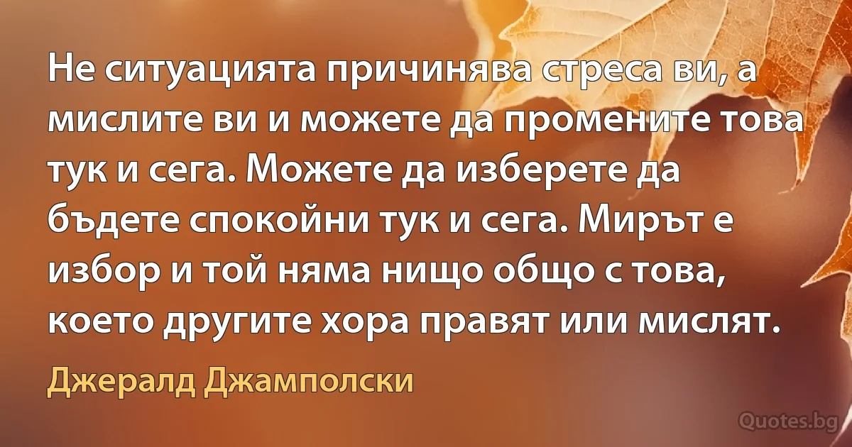 Не ситуацията причинява стреса ви, а мислите ви и можете да промените това тук и сега. Можете да изберете да бъдете спокойни тук и сега. Мирът е избор и той няма нищо общо с това, което другите хора правят или мислят. (Джералд Джамполски)