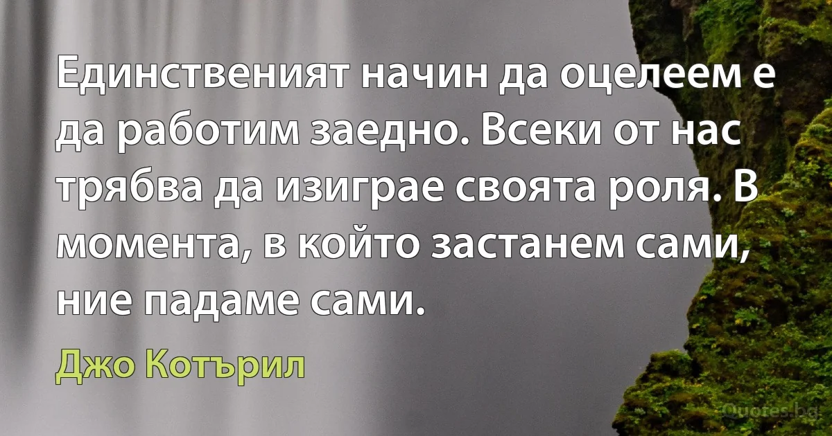 Единственият начин да оцелеем е да работим заедно. Всеки от нас трябва да изиграе своята роля. В момента, в който застанем сами, ние падаме сами. (Джо Котърил)