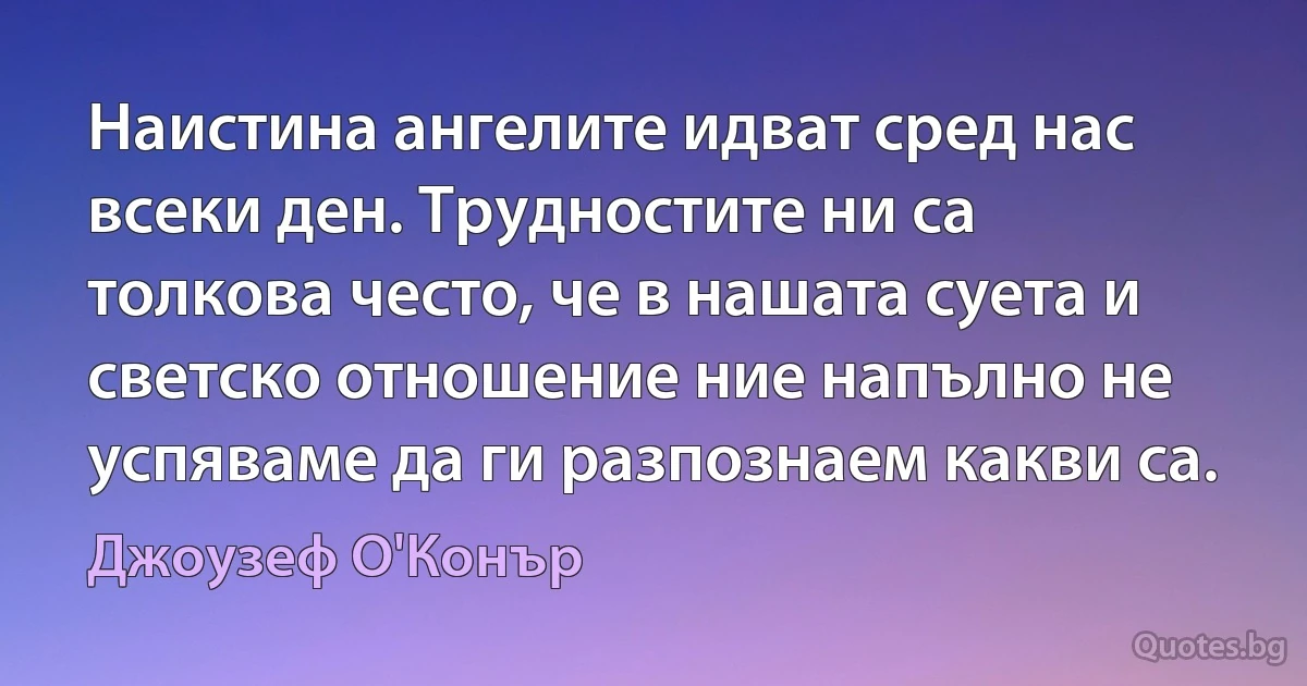 Наистина ангелите идват сред нас всеки ден. Трудностите ни са толкова често, че в нашата суета и светско отношение ние напълно не успяваме да ги разпознаем какви са. (Джоузеф О'Конър)