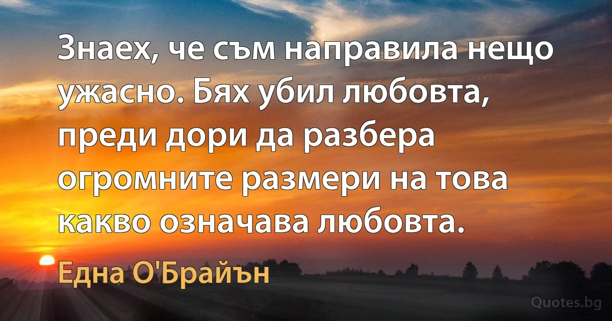 Знаех, че съм направила нещо ужасно. Бях убил любовта, преди дори да разбера огромните размери на това какво означава любовта. (Една О'Брайън)