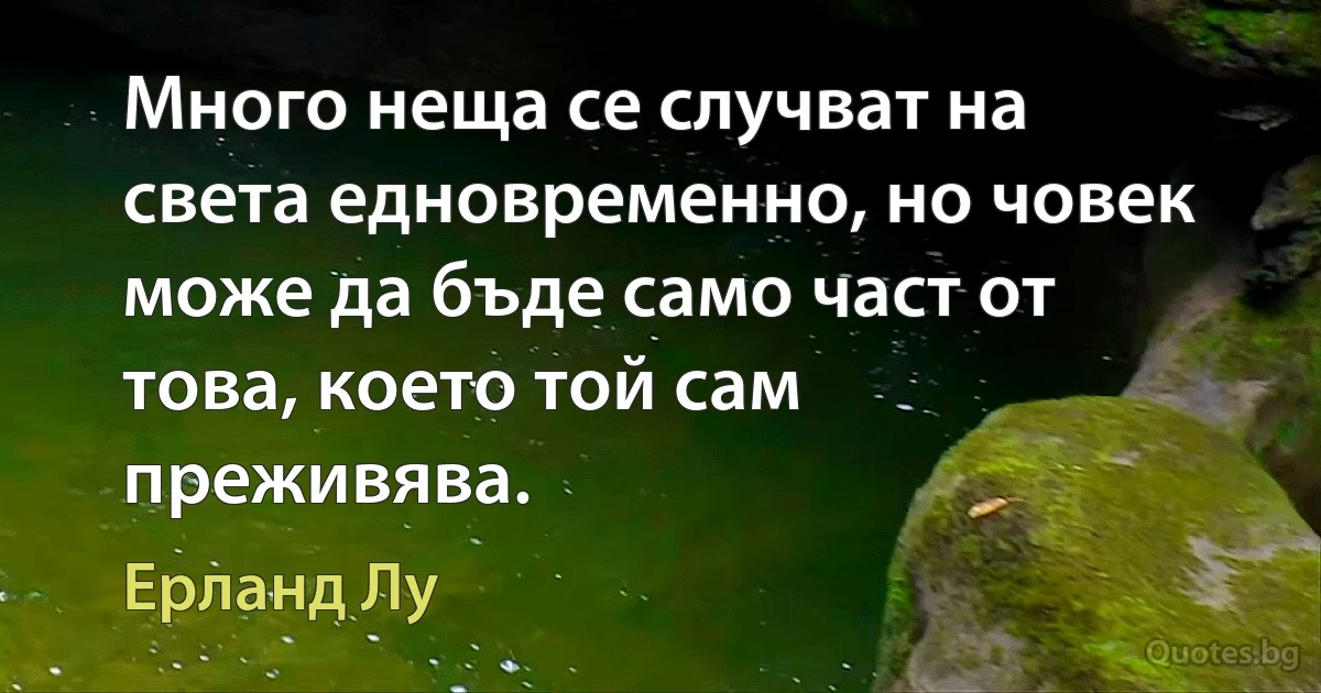 Много неща се случват на света едновременно, но човек може да бъде само част от това, което той сам преживява. (Ерланд Лу)