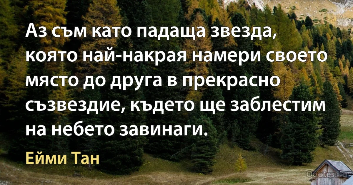 Аз съм като падаща звезда, която най-накрая намери своето място до друга в прекрасно съзвездие, където ще заблестим на небето завинаги. (Ейми Тан)