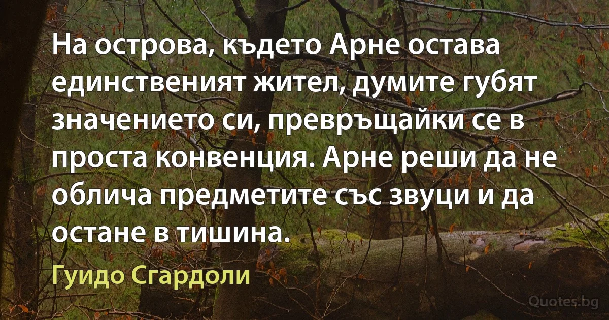 На острова, където Арне остава единственият жител, думите губят значението си, превръщайки се в проста конвенция. Арне реши да не облича предметите със звуци и да остане в тишина. (Гуидо Сгардоли)