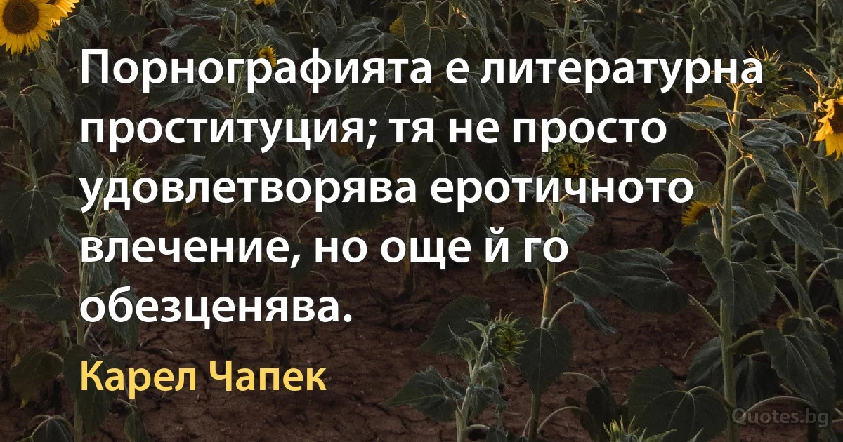 Порнографията е литературна проституция; тя не просто удовлетворява еротичното влечение, но още й го обезценява. (Карел Чапек)