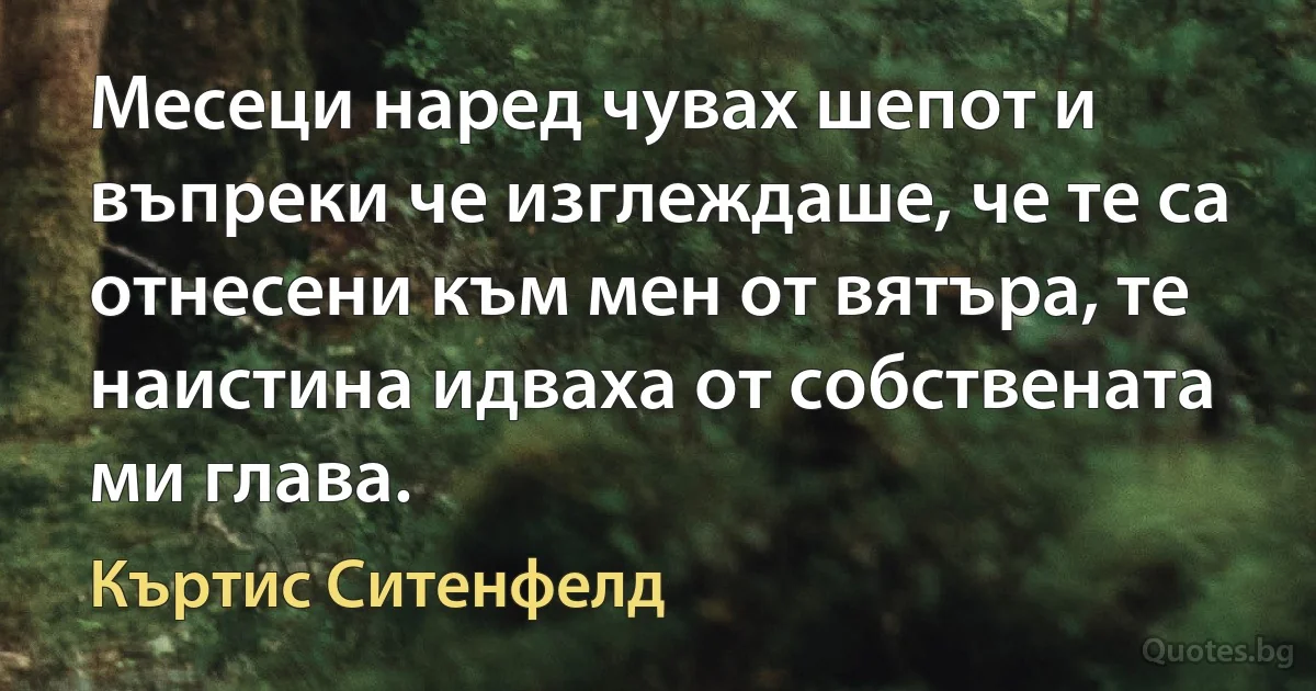 Месеци наред чувах шепот и въпреки че изглеждаше, че те са отнесени към мен от вятъра, те наистина идваха от собствената ми глава. (Къртис Ситенфелд)