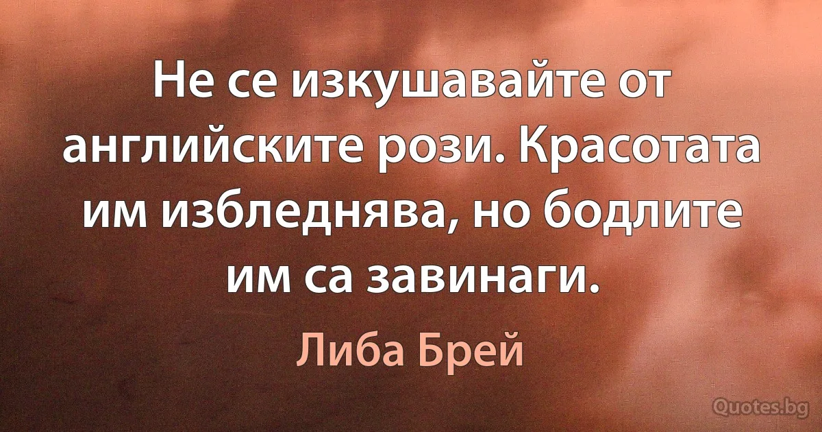 Не се изкушавайте от английските рози. Красотата им избледнява, но бодлите им са завинаги. (Либа Брей)