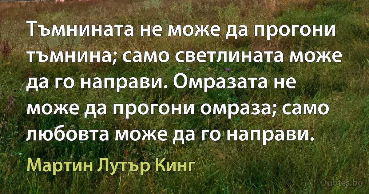 Тъмнината не може да прогони тъмнина; само светлината може да го направи. Омразата не може да прогони омраза; само любовта може да го направи. (Мартин Лутър Кинг)