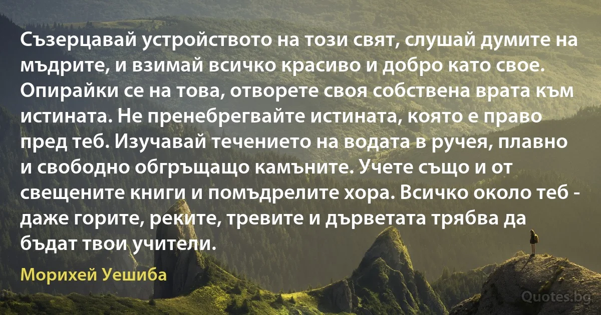 Съзерцавай устройството на този свят, слушай думите на мъдрите, и взимай всичко красиво и добро като свое. Опирайки се на това, отворете своя собствена врата към истината. Не пренебрегвайте истината, която е право пред теб. Изучавай течението на водата в ручея, плавно и свободно обгръщащо камъните. Учете също и от свещените книги и помъдрелите хора. Всичко около теб - даже горите, реките, тревите и дърветата трябва да бъдат твои учители. (Морихей Уешиба)