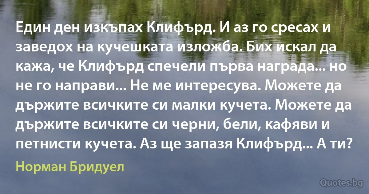 Един ден изкъпах Клифърд. И аз го сресах и заведох на кучешката изложба. Бих искал да кажа, че Клифърд спечели първа награда... но не го направи... Не ме интересува. Можете да държите всичките си малки кучета. Можете да държите всичките си черни, бели, кафяви и петнисти кучета. Аз ще запазя Клифърд... А ти? (Норман Бридуел)