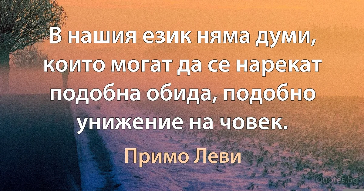 В нашия език няма думи, които могат да се нарекат подобна обида, подобно унижение на човек. (Примо Леви)