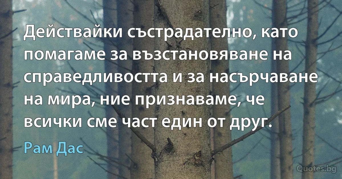 Действайки състрадателно, като помагаме за възстановяване на справедливостта и за насърчаване на мира, ние признаваме, че всички сме част един от друг. (Рам Дас)