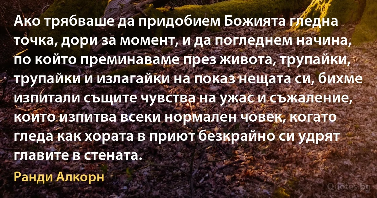 Ако трябваше да придобием Божията гледна точка, дори за момент, и да погледнем начина, по който преминаваме през живота, трупайки, трупайки и излагайки на показ нещата си, бихме изпитали същите чувства на ужас и съжаление, които изпитва всеки нормален човек, когато гледа как хората в приют безкрайно си удрят главите в стената. (Ранди Алкорн)