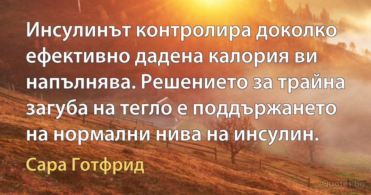 Инсулинът контролира доколко ефективно дадена калория ви напълнява. Решението за трайна загуба на тегло е поддържането на нормални нива на инсулин. (Сара Готфрид)