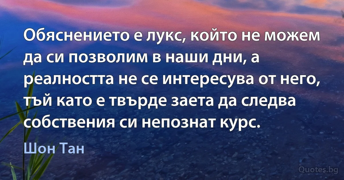 Обяснението е лукс, който не можем да си позволим в наши дни, а реалността не се интересува от него, тъй като е твърде заета да следва собствения си непознат курс. (Шон Тан)